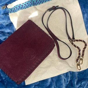 Tory Burch Marion Chain-Link 
Burgundy Suede Combo Crossbody Bag